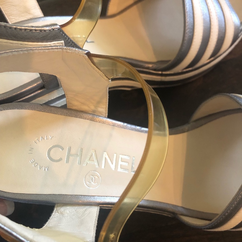 CHANEL Striped Silver White Platform Wedge Shoes - Picture 2 of 7